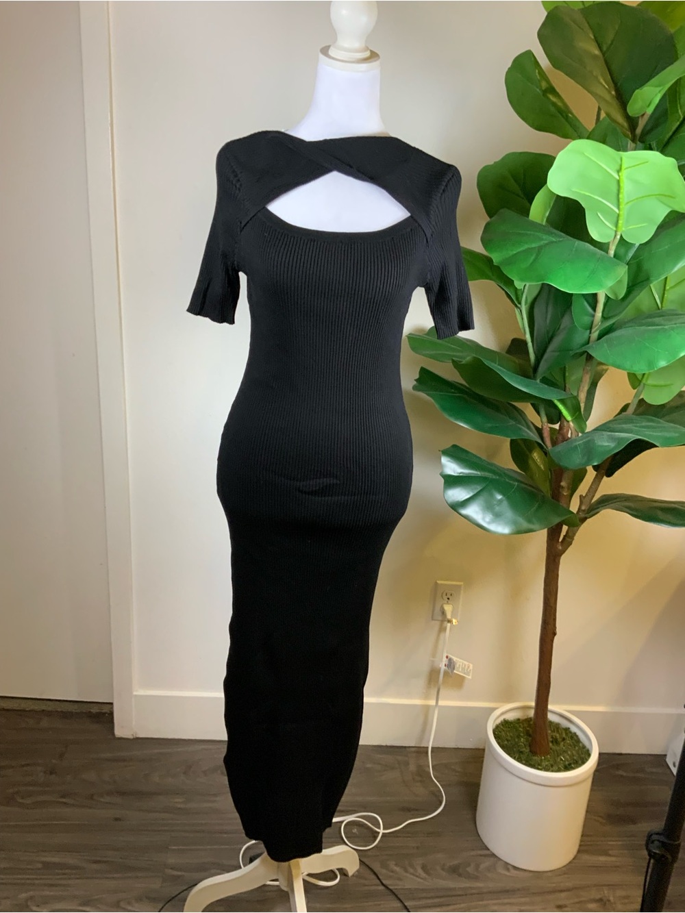 Mango Black Ribbed Midi Dress with Front Cutout